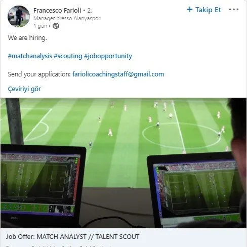 Alanyaspor Teknik Direktörü Francesco Farioli iş ilanı açtı! Maç analisti ve scout... - 1