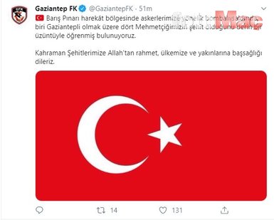 Süper Lig ekiplerinden Barış Pınarı Harekatı şehitleri için başsağlığı mesajı!