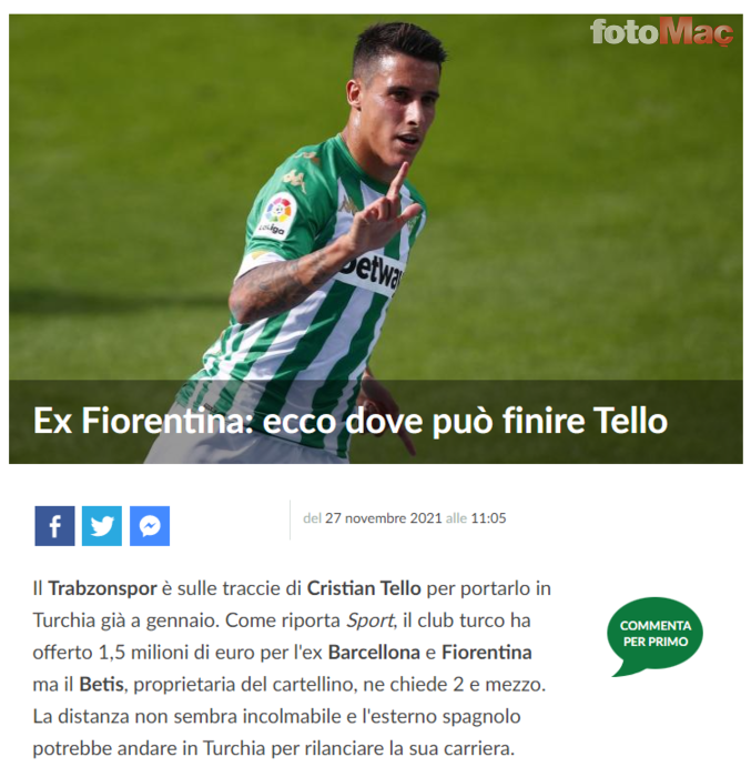TRABZONSPOR HABERLERİ: Cristian Tello müjdesini İtalyanlar verdi