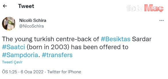 BEŞİKTAŞ TRANSFER HABERLERİ - Beşiktaş'ın genç futbolcusu Serdar Saatçı Sampdoria'ya önerildi