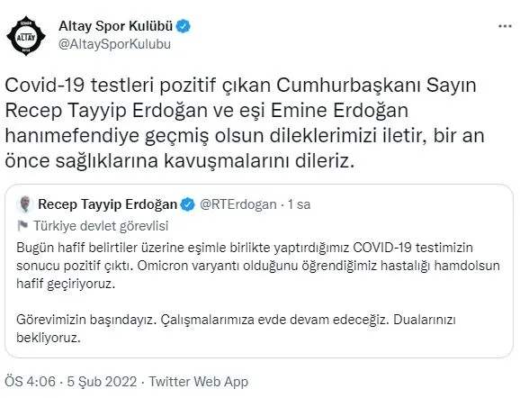 Süper Lig ekiplerinden Başkan Recep Tayyip Erdoğan ve eşi Emine Erdoğan'a geçmiş olsun mesajları! - 5