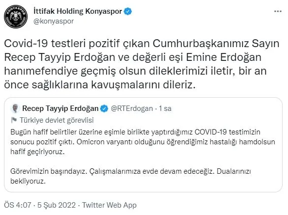Süper Lig ekiplerinden Başkan Recep Tayyip Erdoğan ve eşi Emine Erdoğan'a geçmiş olsun mesajları! - 11
