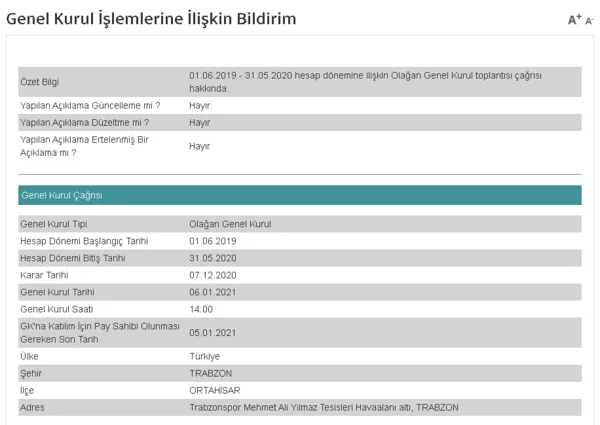 Trabzonspor'da Olağan Genel Kurul 6 Ocak 2021'de yapılacak - 1