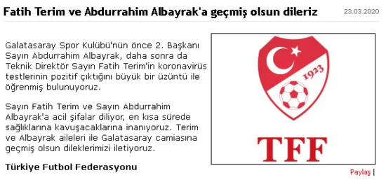 TFF'den Fatih Terim ve Abdurrahim Albayrak'a geçmiş olsun mesajı - 1