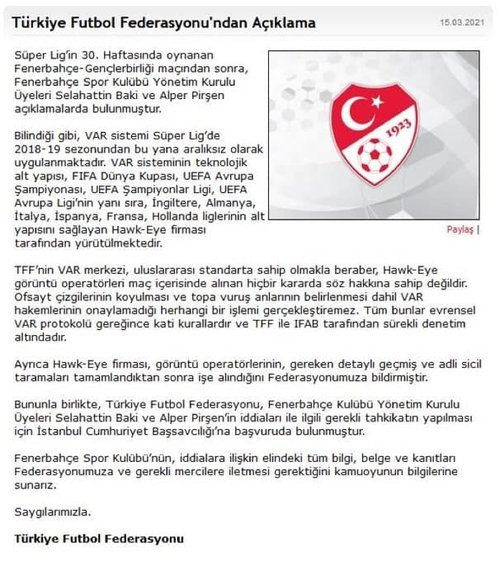 son dakika spor haberi fenerbahce genclerbirligi maci sonrasi cagri yapmisti tff den savciliga basvuru fb haberi fotomac