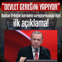 <p>Başkan Recep Tayyip Erdoğan, Almanya Başbakanı Friedrich Merz'i kabulü sonrası düzenlenen ortak basın toplantısında konuştu. Başkan Erdoğan, yaşanan bahis skandalı hakkında da konuştu. İşte Erdoğan'ın o sözleri:</p>
<p><strong>"DEVLET GEREĞİNİ YAPIYOR"</strong></p>
<p>Son dönemde mesela bir hakemler olayı ortaya çıkmıştır. Hakemler olayında yine futbol sahalarında neler oluyor ve bütün bunlar olurken bir devlet, eli kolu bağlı olarak takip edemez, ne gerekiyorsa yapması lazım ve şu anda da bu yapılmıştır.</p>
<p>Vatandaş tribündeki bu gelişmeyi görünce çok mutlu olmaktadır. 'Neler oluyor neler' demeye başlamıştır.</p>