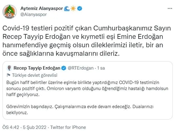 Süper Lig ekiplerinden Başkan Recep Tayyip Erdoğan ve eşi Emine Erdoğan'a geçmiş olsun mesajları! - 6