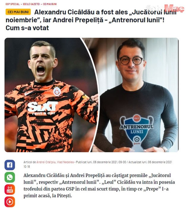 GALATASARAY HABERLERİ: Romanya'da gündem Cicaldau! Ayın futbolcusu seçildi