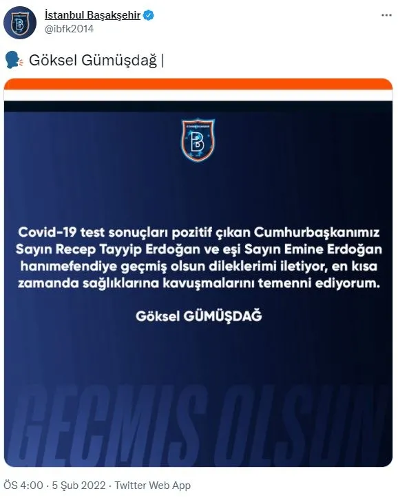 Süper Lig ekiplerinden Başkan Recep Tayyip Erdoğan ve eşi Emine Erdoğan'a geçmiş olsun mesajları! - 7