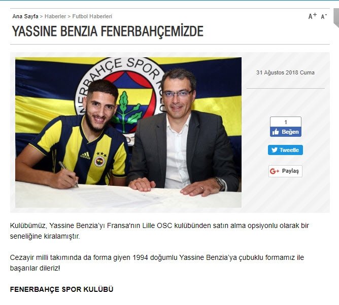 Fenerbahce Declared The Transfer Yassine Benzia In Fenerbahce Fotomac September 1 2018