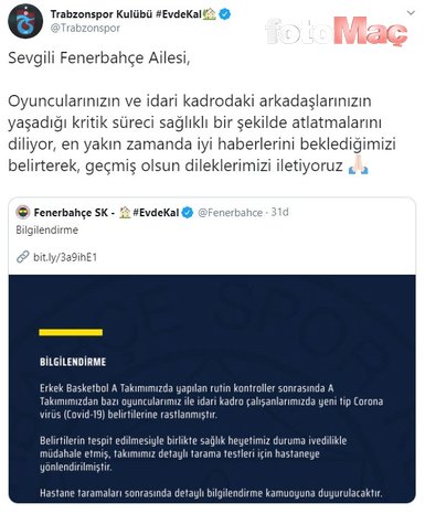 Fenerbahçe’ye koronavirüs açıklaması sonrası destek mesajları!