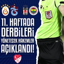 <p>Trendyol Süper Lig'de 11. hafta maçlarını yönetecek hakemler açıklandı.</p>
<p>Ligde 1 Kasım Cumartesi günü oynanacak Galatasaray-Trabzonspor maçında Cihan Aydın, 2 Kasım Pazar günü oynanacak Beşiktaş-Fenerbahçe derbisinde Ali Yılmaz düdük çalacak.</p>
<p>Türkiye Futbol Federasyonu Merkez Hakem Kurulunun açıklamasına göre, ligde 11. hafta maçlarında görev yapacak hakemler şunlar:</p>
<p><strong>31 EKİM CUMA:</strong></p>
<p>20.00 RAMS Başakşehir-Kocaelispor: Batuhan Kolak</p>
<p><strong>1 KASIM CUMARTESİ:</strong></p>
<p>17.00 Göztepe-Gençlerbirliği: Yasin Kol</p>
<p>20.00 Galatasaray-Trabzonspor: Cihan Aydın</p>
<p><strong>2 KASIM PAZAR:</strong></p>
<p>14.30 TÜMOSAN Konyaspor-Samsunspor: Ali Şansalan</p>
<p>17.00 Zecorner Kayserispor-Kasımpaşa: Kadir Sağlam</p>
<p>20.00 Beşiktaş-Fenerbahçe: Ali Yılmaz</p>
<p><strong>3 KASIM PAZARTESİ:</strong></p>
<p>20.00 ikas Eyüpspor-Hesap.com Antalyaspor: Alper Akarsu</p>
<p>20.00 Corendon Alanyaspor-Gaziantep FK: Oğuzhan Aksu</p>
<p>20.00 Çaykur Rizespor-Mısırlı.com.tr Fatih Karagümrük: Ömer Tolga Güldibi</p>
<p><img alt="" data-pimg="https://iaftm.tmgrup.com.tr/bda267/0/0/0/0/0/0?u=https://iftm.tmgrup.com.tr/2025/10/30/super-ligin-11-haftasinda-derbileri-yonetecek-hakemler-aciklandi-1761823067362.jpeg&mw=1366" src="https://iaftm.tmgrup.com.tr/0aae06/0/0/0/0/0/0?u=https://iftm.tmgrup.com.tr/2025/10/30/super-ligin-11-haftasinda-derbileri-yonetecek-hakemler-aciklandi-1761823067362.jpeg&mw=800" style="height:1000px; width:800px" title="super-ligin-11-haftasinda-derbileri-yonetecek-hakemler-aciklandi-1761823067362.jpeg"></p>