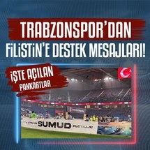 <p>Trendyol Süper Lig'in 8. haftasında Trabzonspor sahasında Zecorner Kayserispor'u konuk etti. Bu mücadelede bordo-mavili camiadan İsrail tarafından işgale uğrayan Filistin için destek mesajları geldi.</p>

<p>Trabzonspor'da futbolcular öncelikle sahaya "Tüm gözler Sumud Filosu'nda" yazılı pankart ile sahaya çıktılar.</p>

<p>Ayrıca bordo-mavili taraftarlar açtıkları pankartlarda "Gazze'de hayat var, vicdanlarda sızı" ve "S'umudumuz Gazze'ye" ifadelerine yer verdiler.</p>

<p><strong>İŞTE O GÖRÜNTÜLER:</strong></p>

<p><strong><img alt="" data-pimg="https://iaftm.tmgrup.com.tr/f5e859/0/0/0/0/2048/1363?u=https://iftm.tmgrup.com.tr/2025/10/03/trabzonspordan-filistine-destek-mesajlari-1759519094651.jpg&amp;mw=1366" src="https://iaftm.tmgrup.com.tr/b99169/0/0/0/0/2048/1363?u=https://iftm.tmgrup.com.tr/2025/10/03/trabzonspordan-filistine-destek-mesajlari-1759519094651.jpg&amp;mw=800" style="height:533px; width:800px"><img alt="" data-pimg="https://iaftm.tmgrup.com.tr/c31ad6/0/0/0/0/2048/1008?u=https://iftm.tmgrup.com.tr/2025/10/03/trabzonspordan-filistine-destek-mesajlari-1759519121965.jpg&amp;mw=1366" src="https://iaftm.tmgrup.com.tr/b4b8ae/0/0/0/0/2048/1008?u=https://iftm.tmgrup.com.tr/2025/10/03/trabzonspordan-filistine-destek-mesajlari-1759519121965.jpg&amp;mw=800" style="height:394px; width:800px"></strong></p>