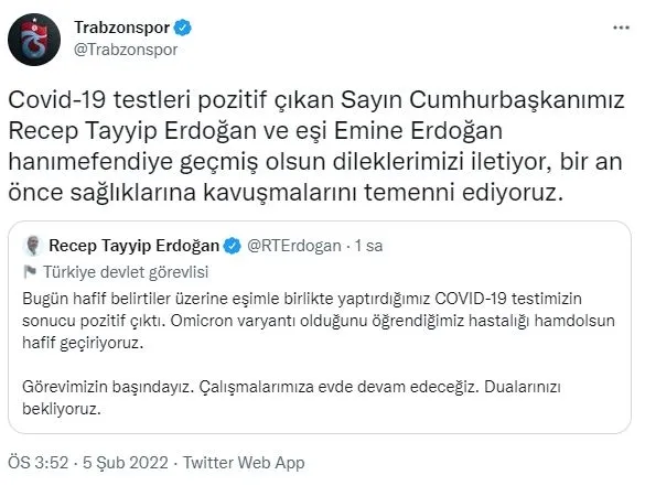 Süper Lig ekiplerinden Başkan Recep Tayyip Erdoğan ve eşi Emine Erdoğan'a geçmiş olsun mesajları! - 4